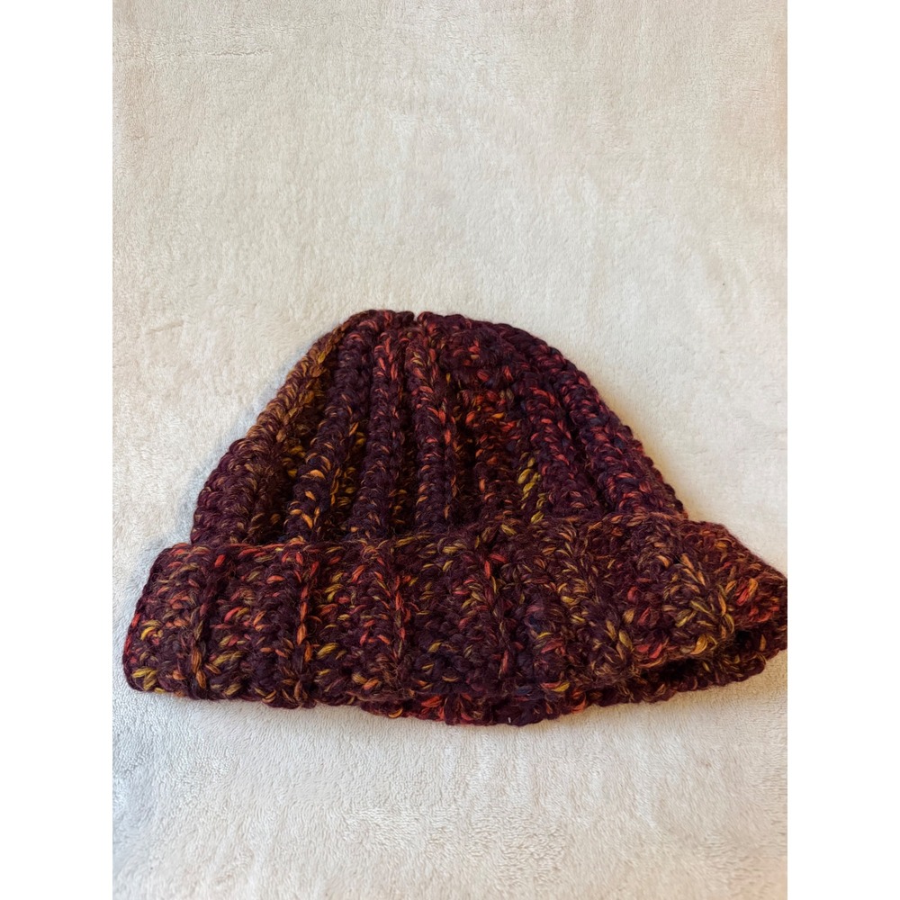 Handmade Chunky Knit Beanie Unisex OS Burgundy Multi Excellent Ribbed Winter Hat